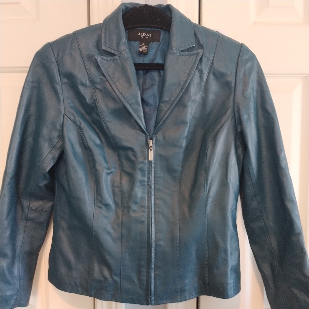 Alfani Petite Teal Real Leather Fitted Jacket Blazer S